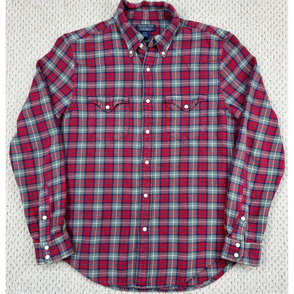 Polo Jeans Ralph Lauren Flannel Shirt Mens M Red Gray Plaid Pearl Snap Western